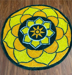 Yellow, Green & White Round Floral Rangoli Floor Mat