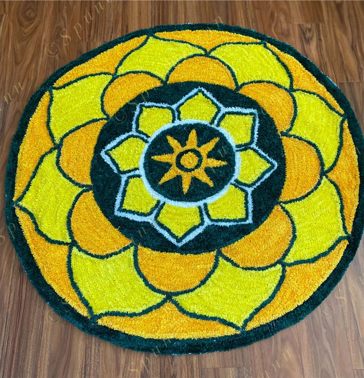 Yellow, Green & White Round Floral Rangoli Floor Mat
