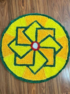 Round Yellow Rangoli Mat with Square Prints