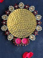 Red & White Gemstone Drops Golden Platter / Plate with Tea Light Holder