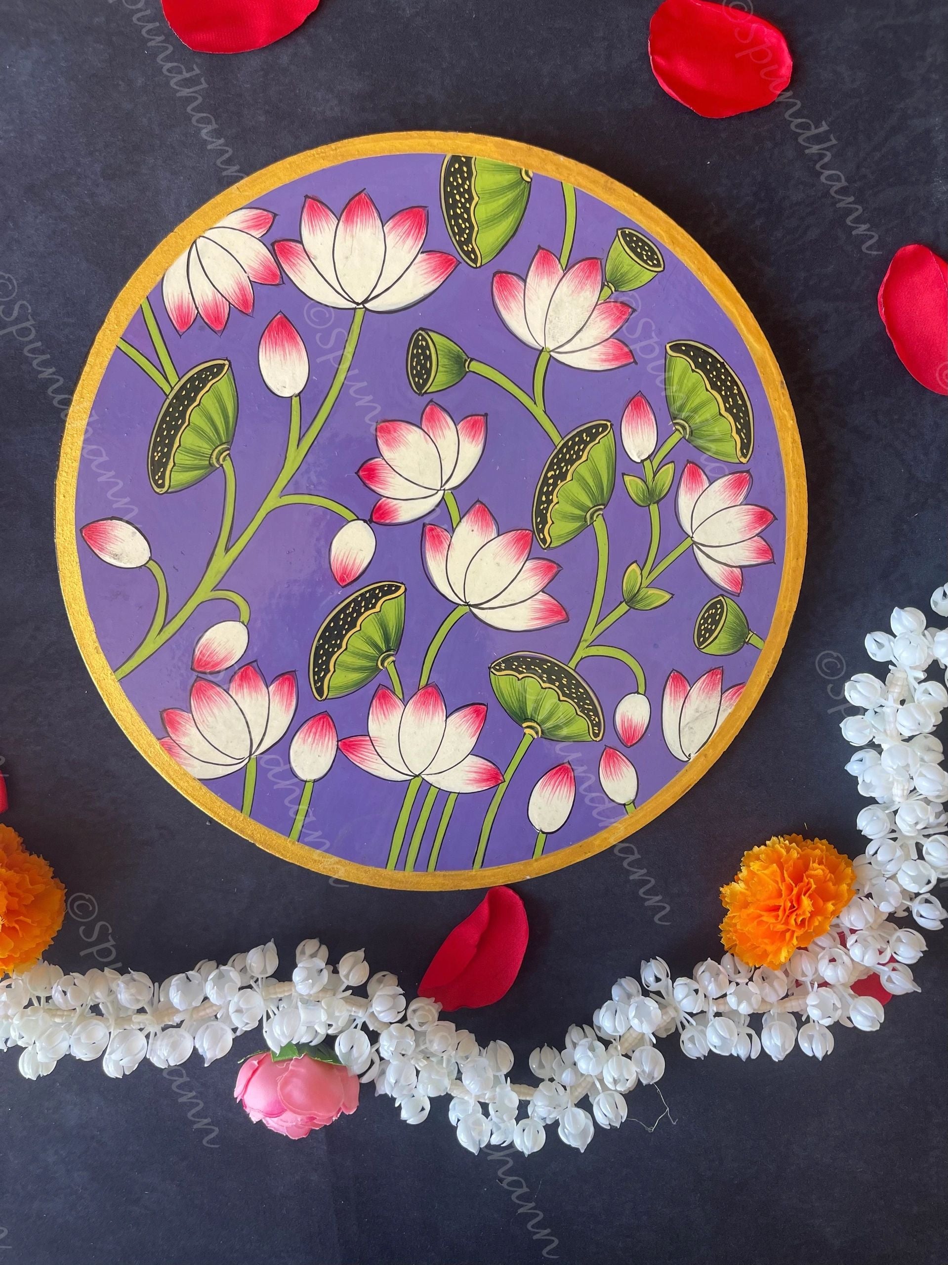 Pink Lotus In Purple Background Pichwai Wall Hanging Plate