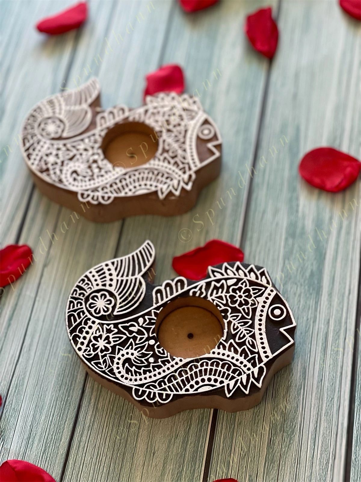 Carved Fish Wooden Block Tea Light Holder