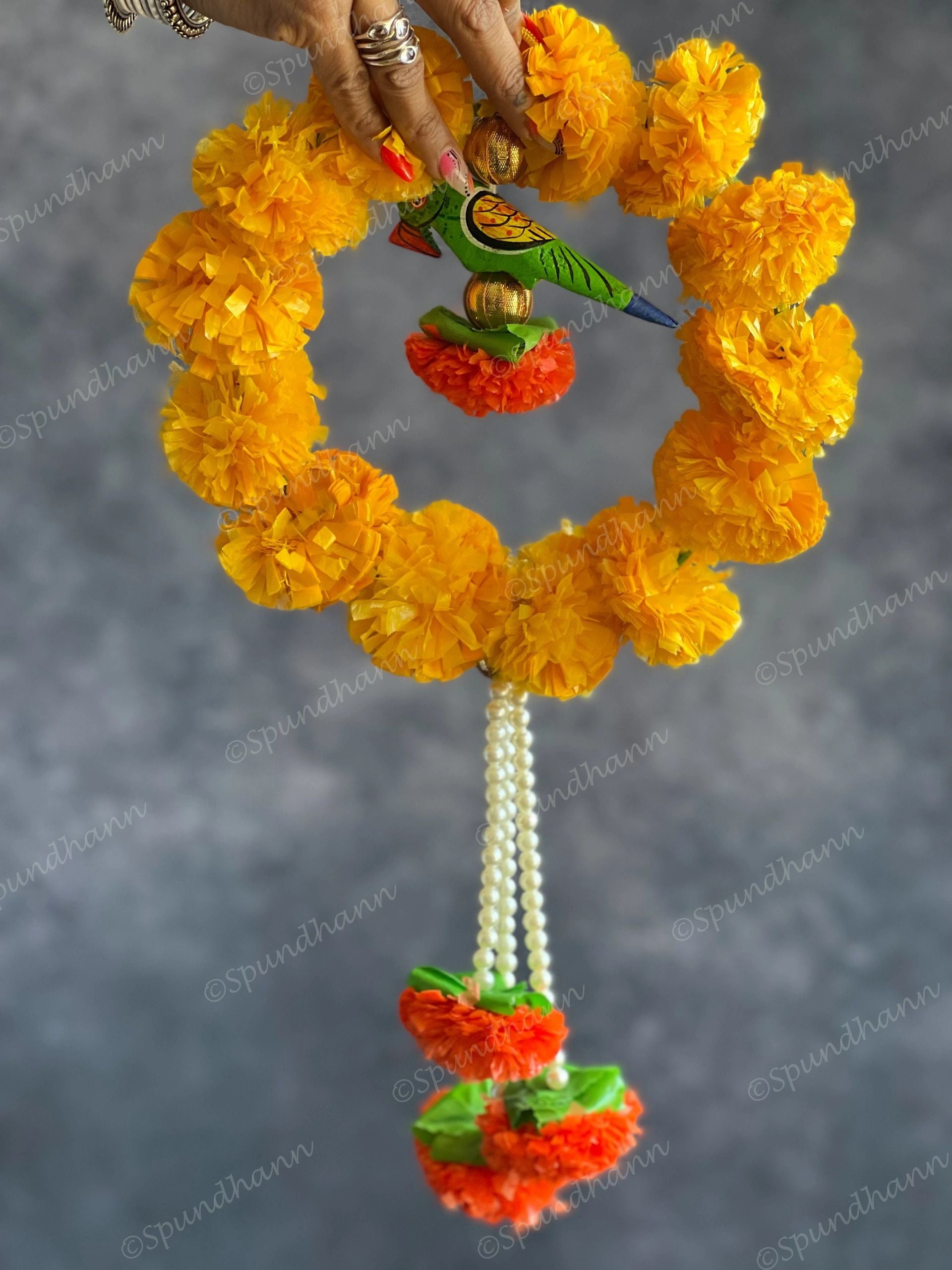 Small Marigold Wreath with Wooden Parrot & Pearl Strings