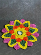 Medium White, Green & Purple Round Floral Rangoli Floor Mat