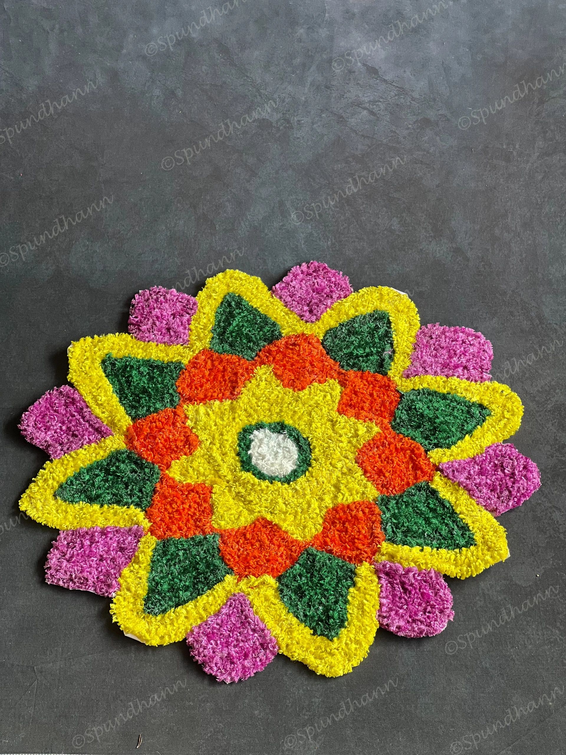 Medium White, Green & Purple Round Floral Rangoli Floor Mat