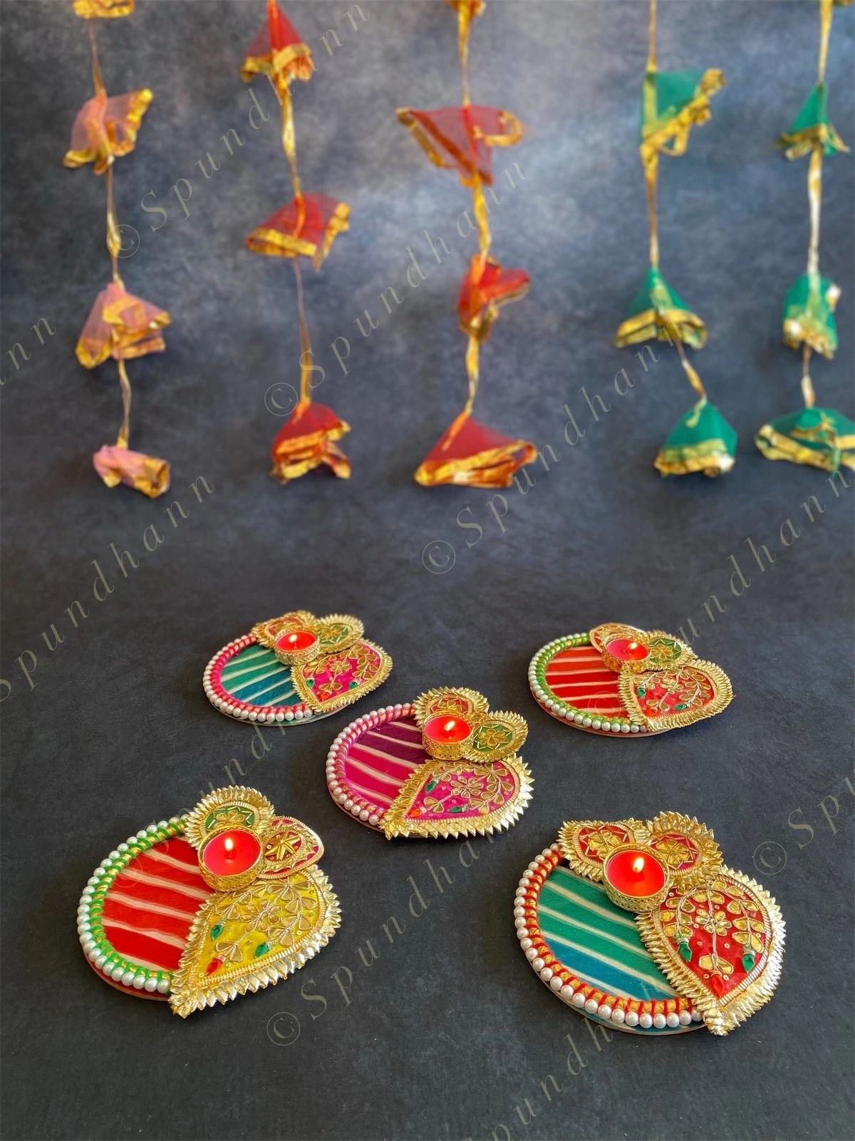 Colorful Leheriya, Gota & Pearl Studded Tea Light Holder