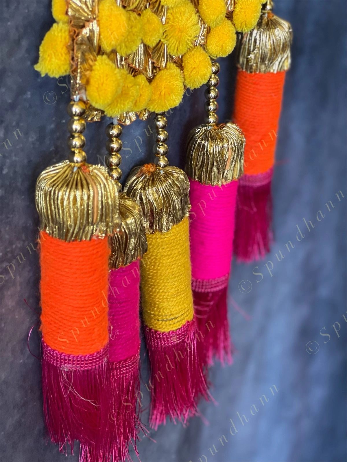 Pom Pom Gota Triangle Hanging Decor w/ Multi Color Tassels