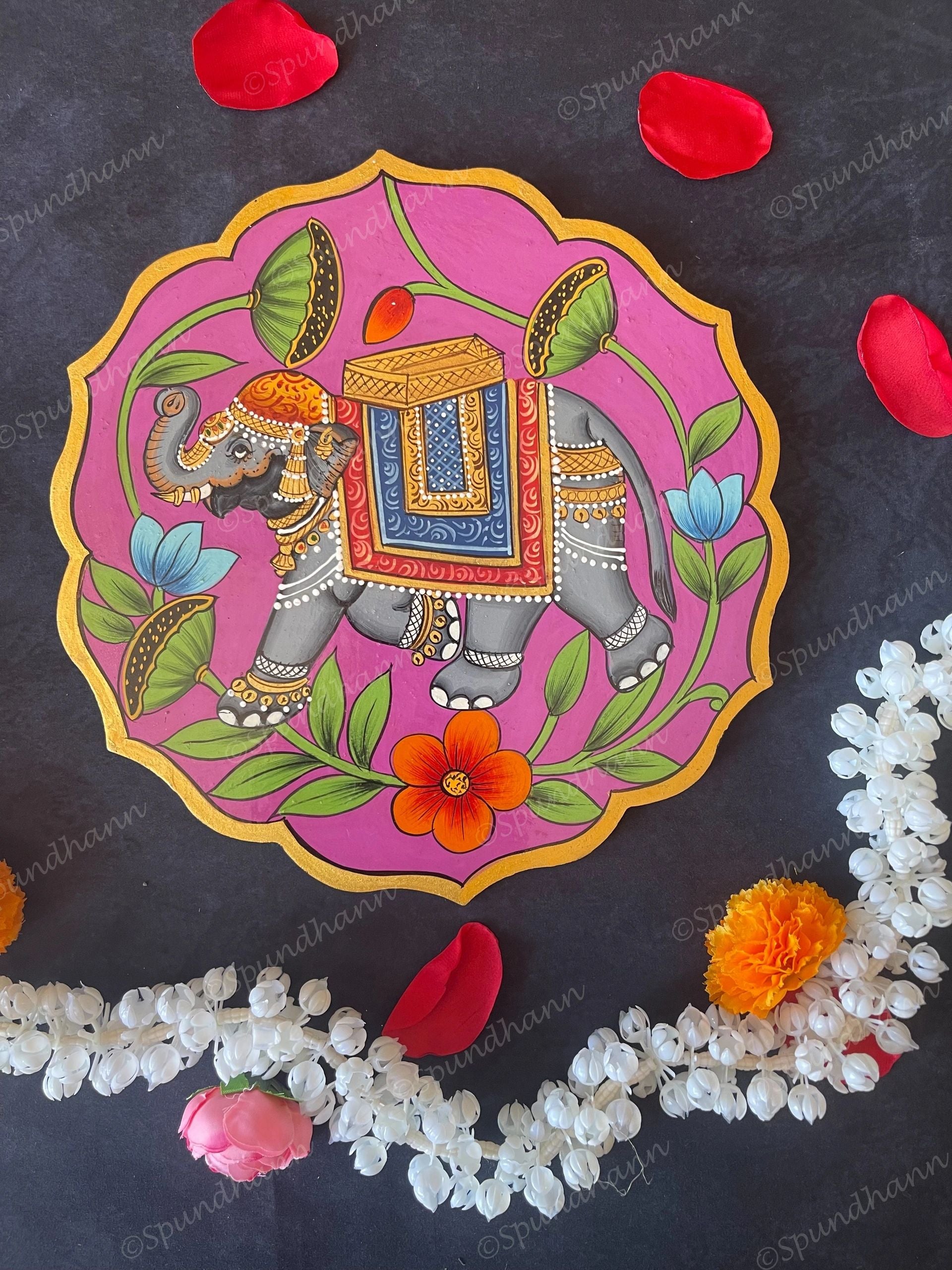 Elephant Carrier in Pink Floral Shape Pichwai Wall Hanging Plate