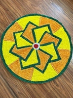Round Yellow Rangoli Mat with Square Prints