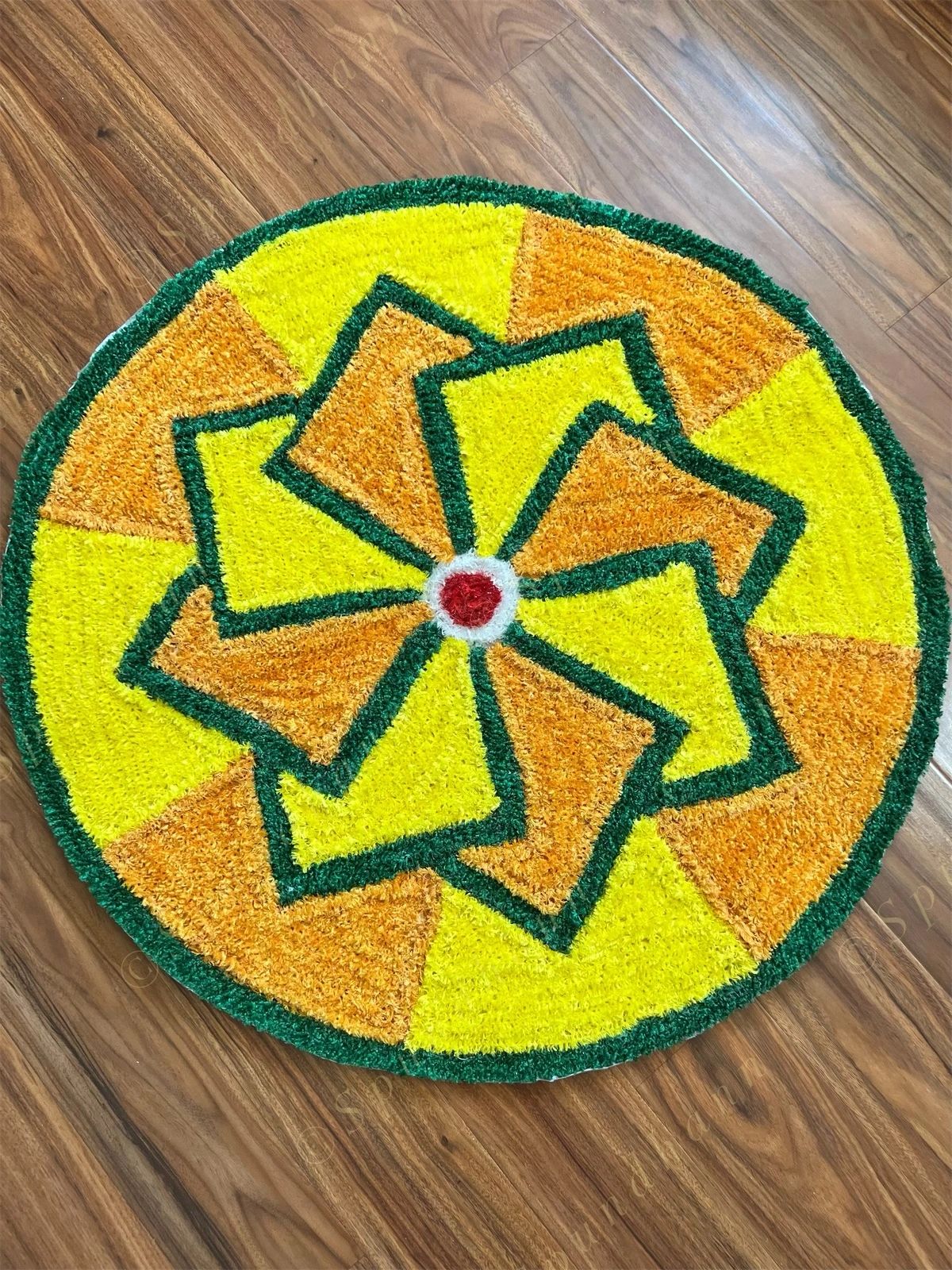 Round Yellow Rangoli Mat with Square Prints
