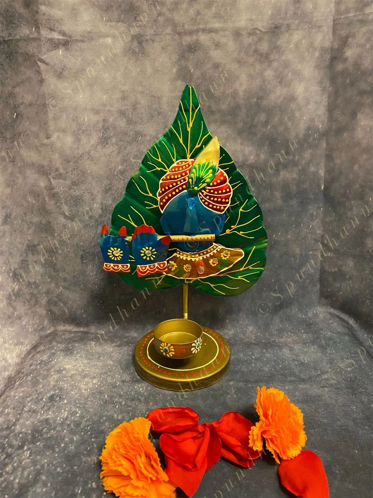 Flute Krishna with Green Leaf Tea Light Holder