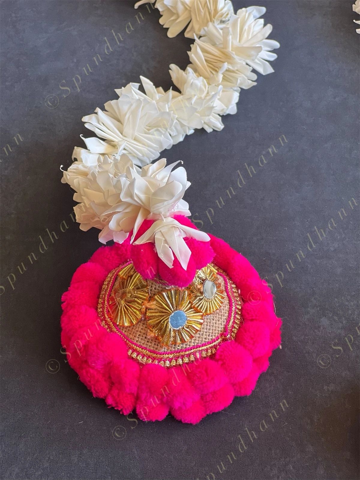 Chameli, Jute, Gota & Pink Pom Pom Dangler Set of 2