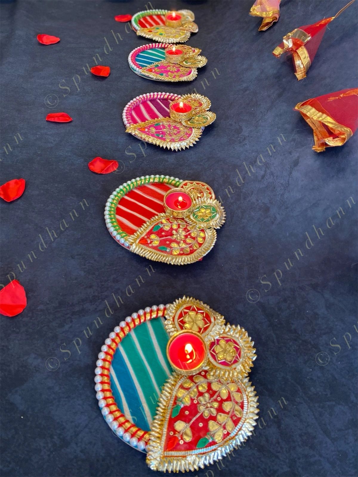 Colorful Leheriya, Gota & Pearl Studded Tea Light Holder