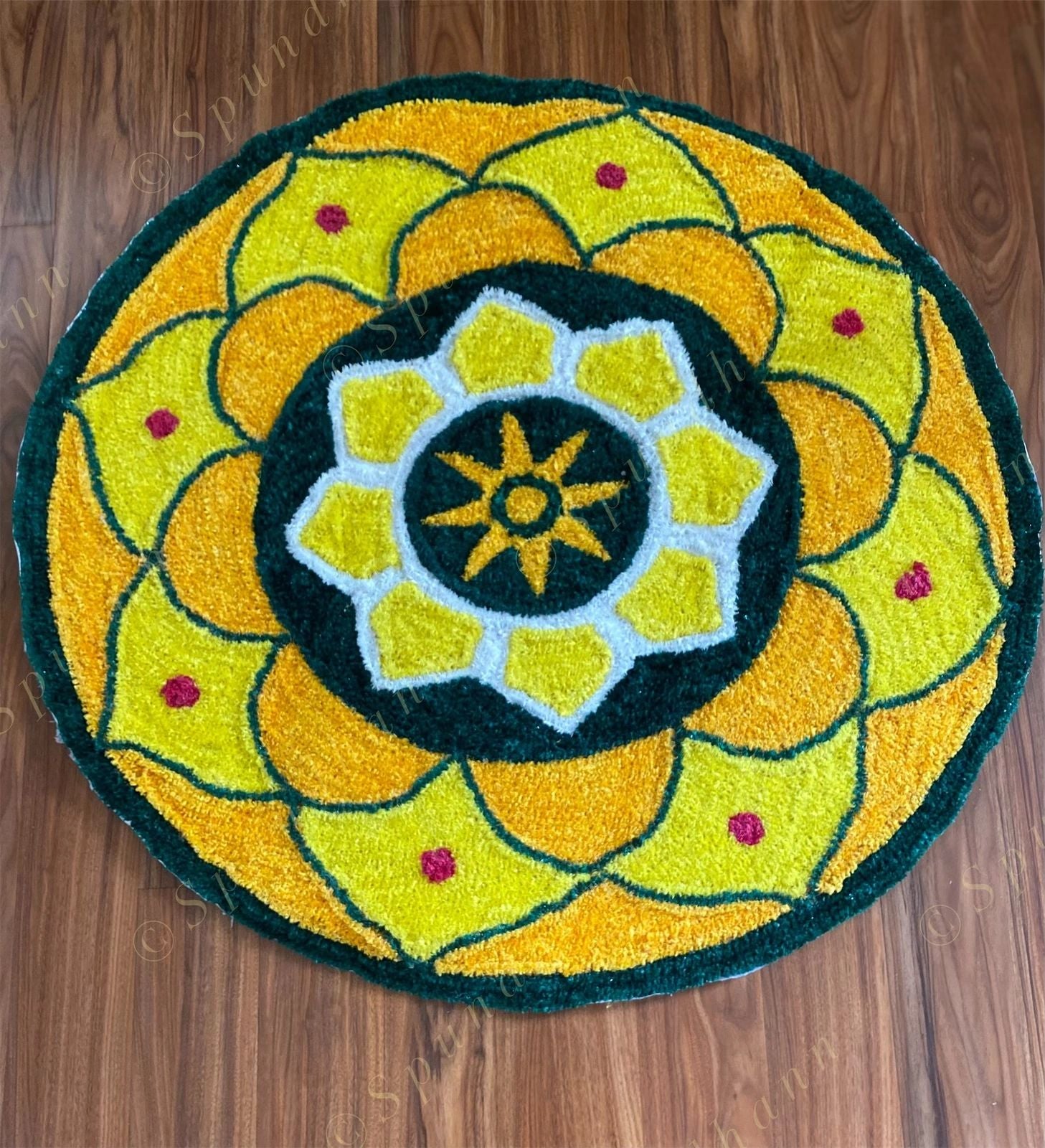 Yellow, Green & Red Round Floral Rangoli Floor Mat