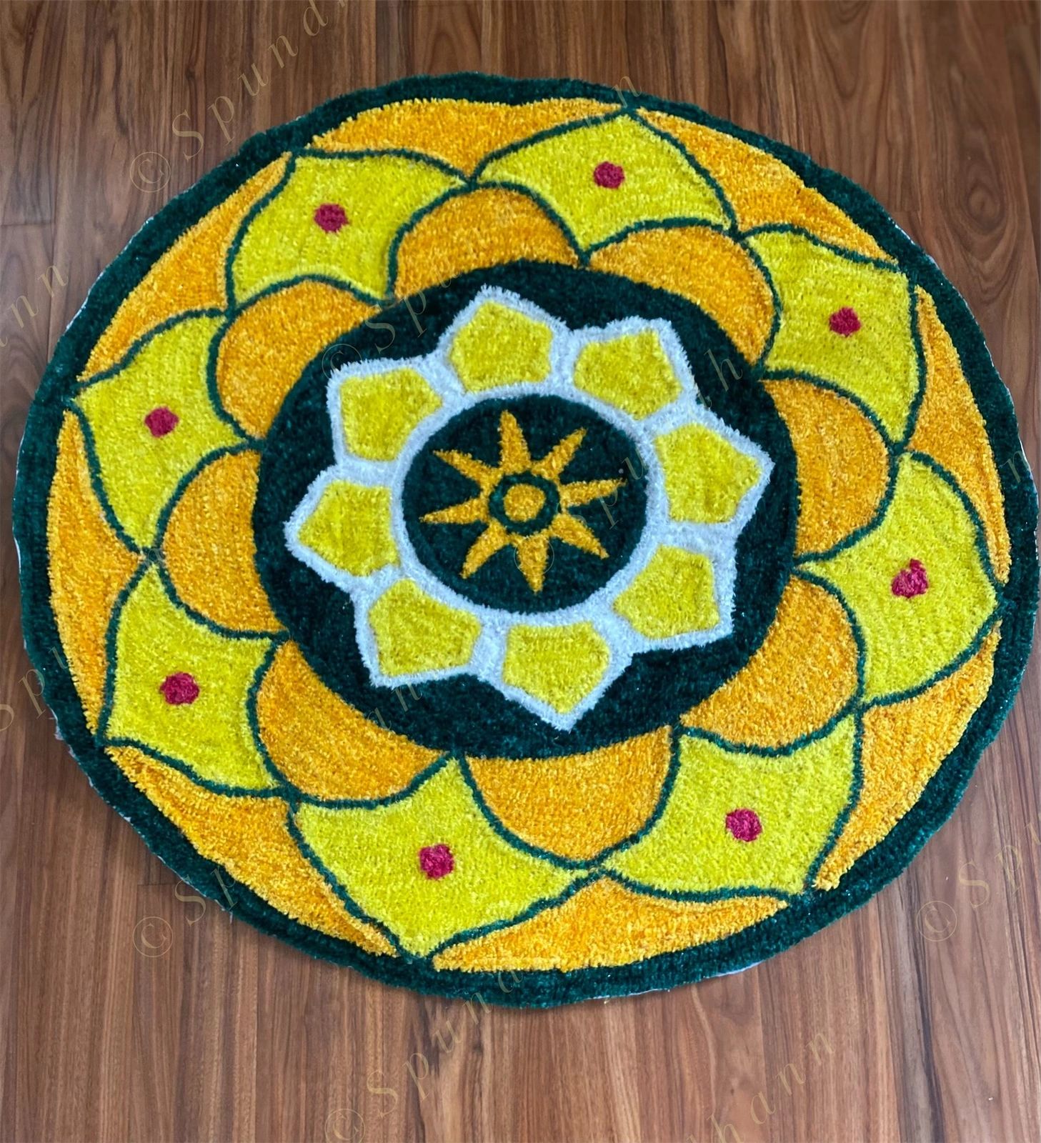 Yellow, Green & Red Round Floral Rangoli Floor Mat