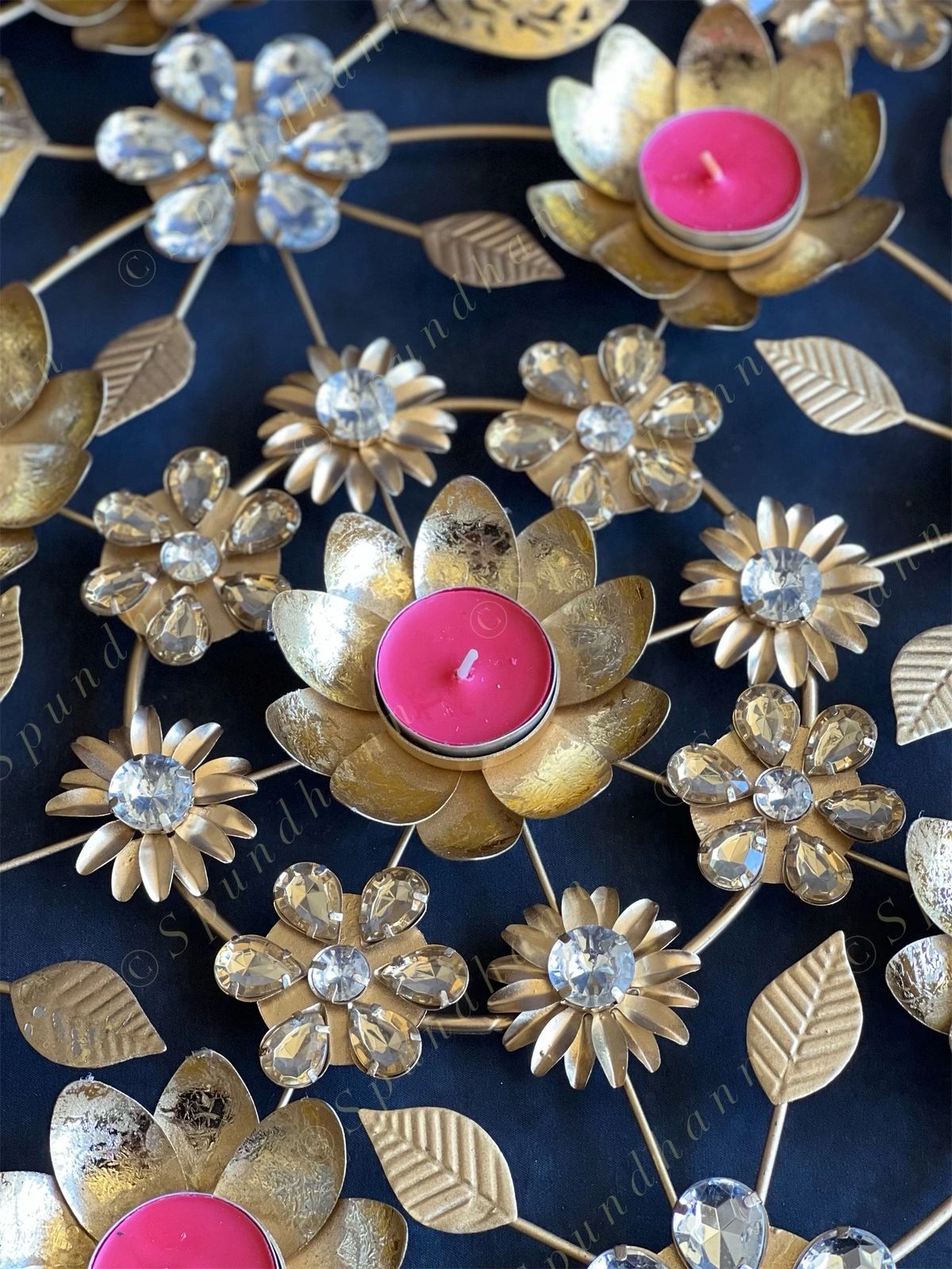 Decorative Studded Flower & Cutwork Leaves Rangoli Tea Light Holder