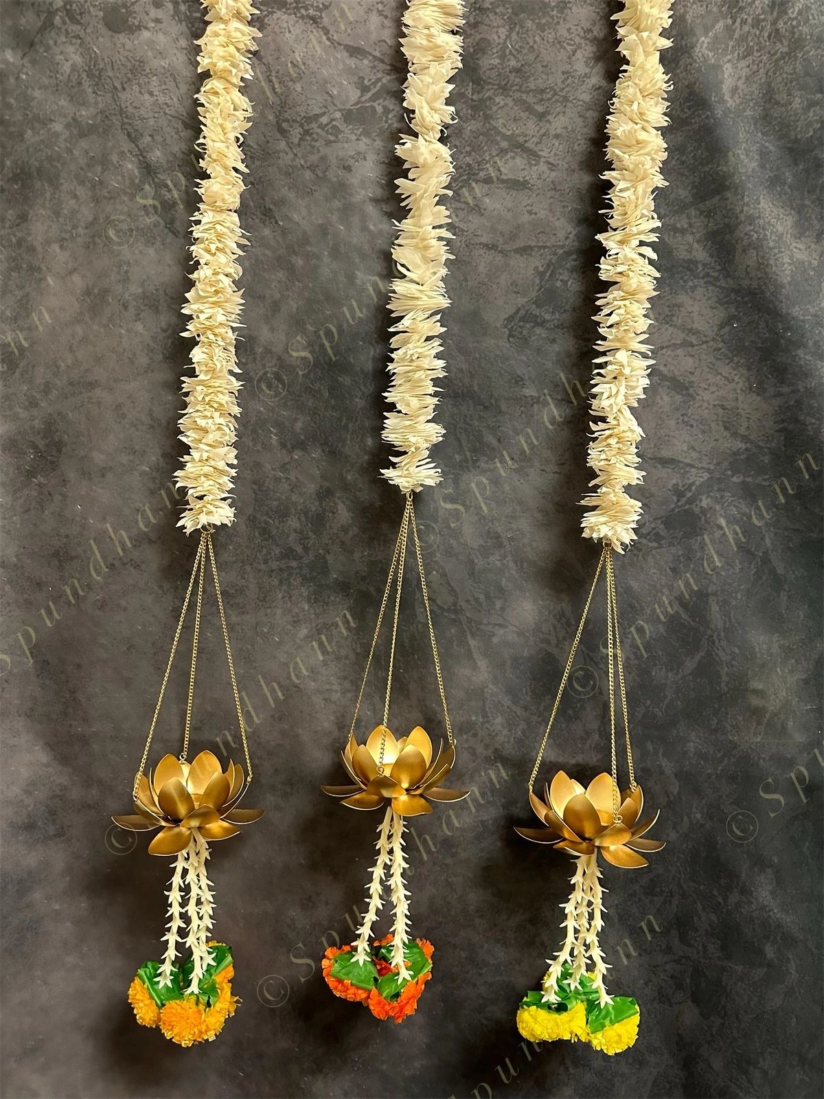 Hanging Lotus Tea Light Holder with Chameli String and Marigold Tassels