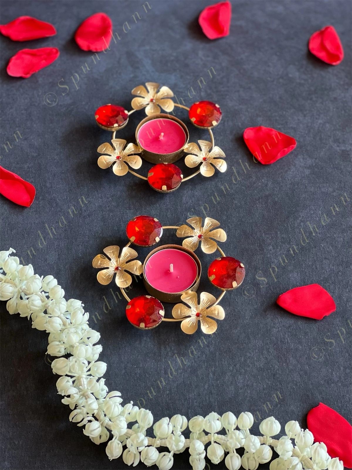 Red Stone & Gold Flower Tea Light Holder