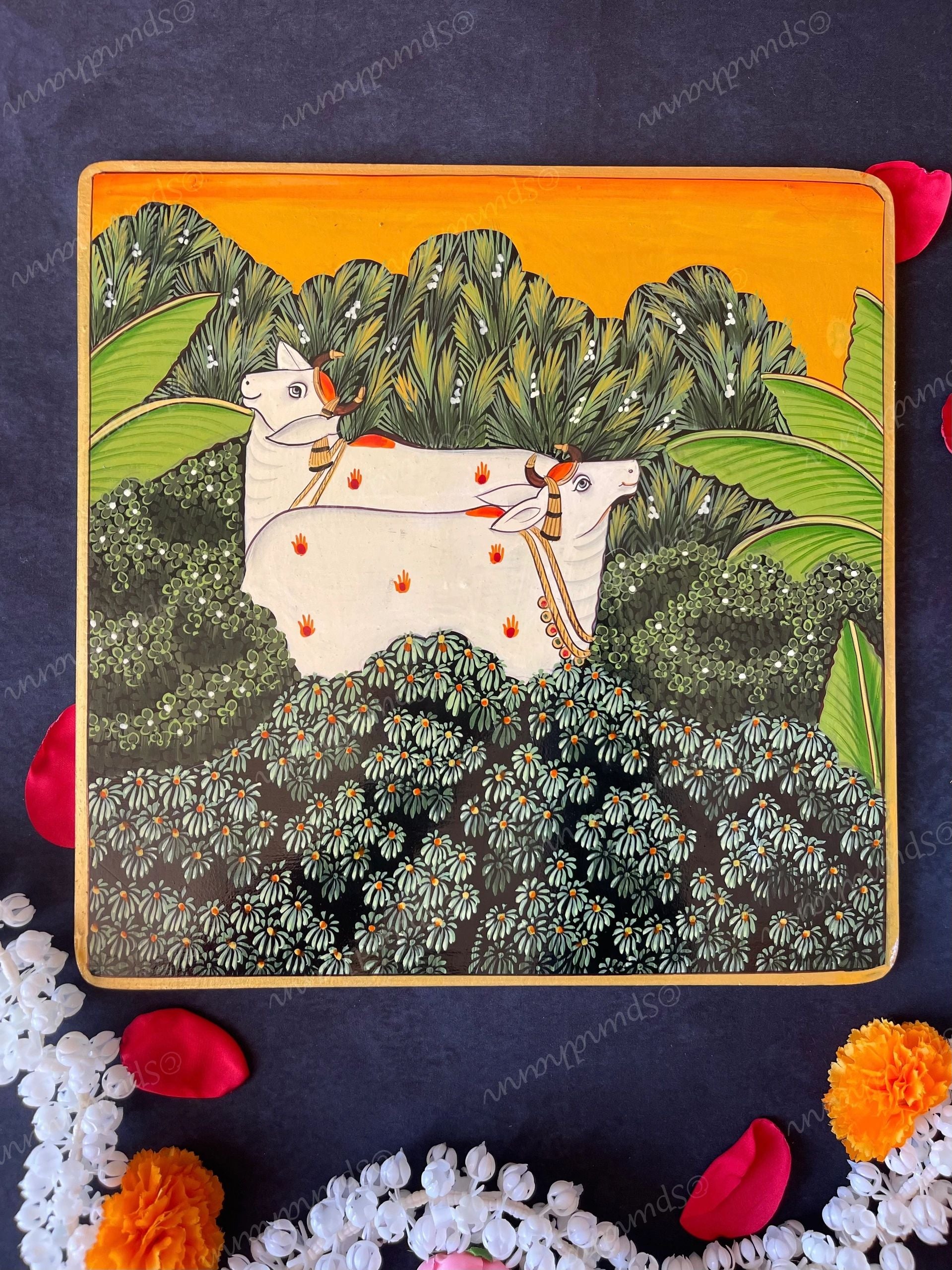 Pichwai Cows in a Garden Square Wall Hanging Plate