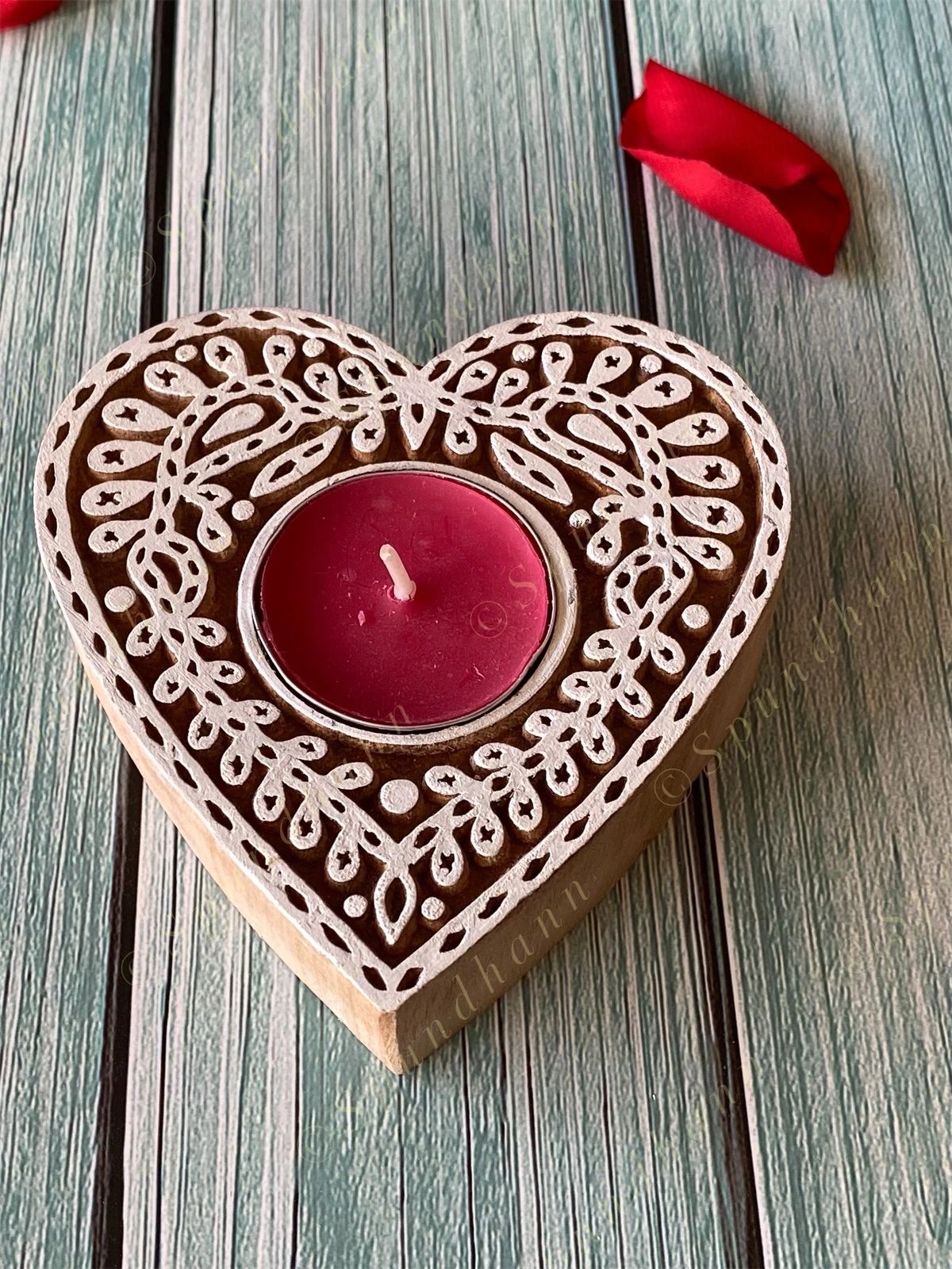 Heart Shaped Wooden Block Tea Light Holder