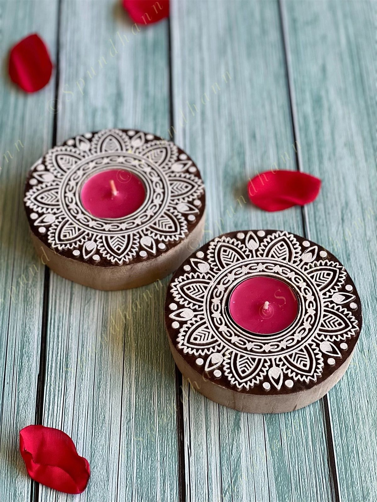 Round Floral Carved Wooden Block Tea Light Holder