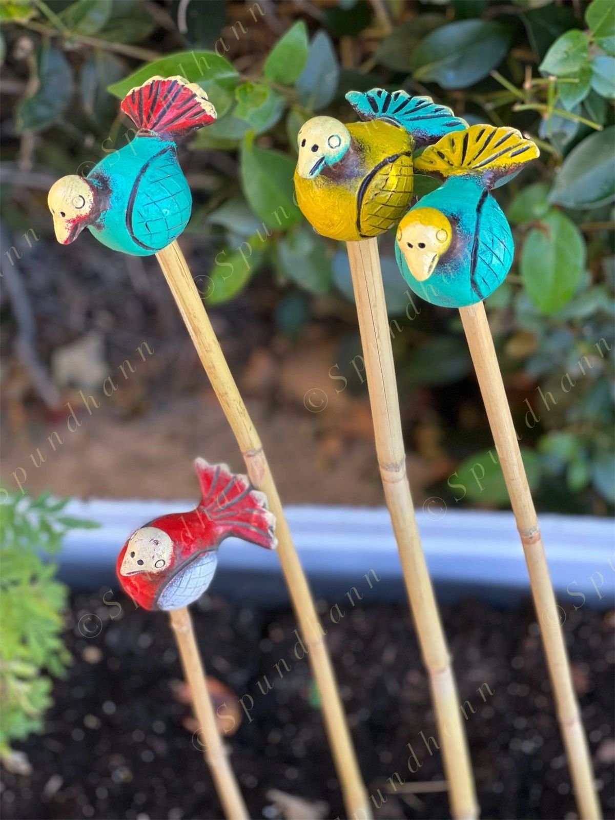 Multicolored Terracotta Mini Birds on Stick