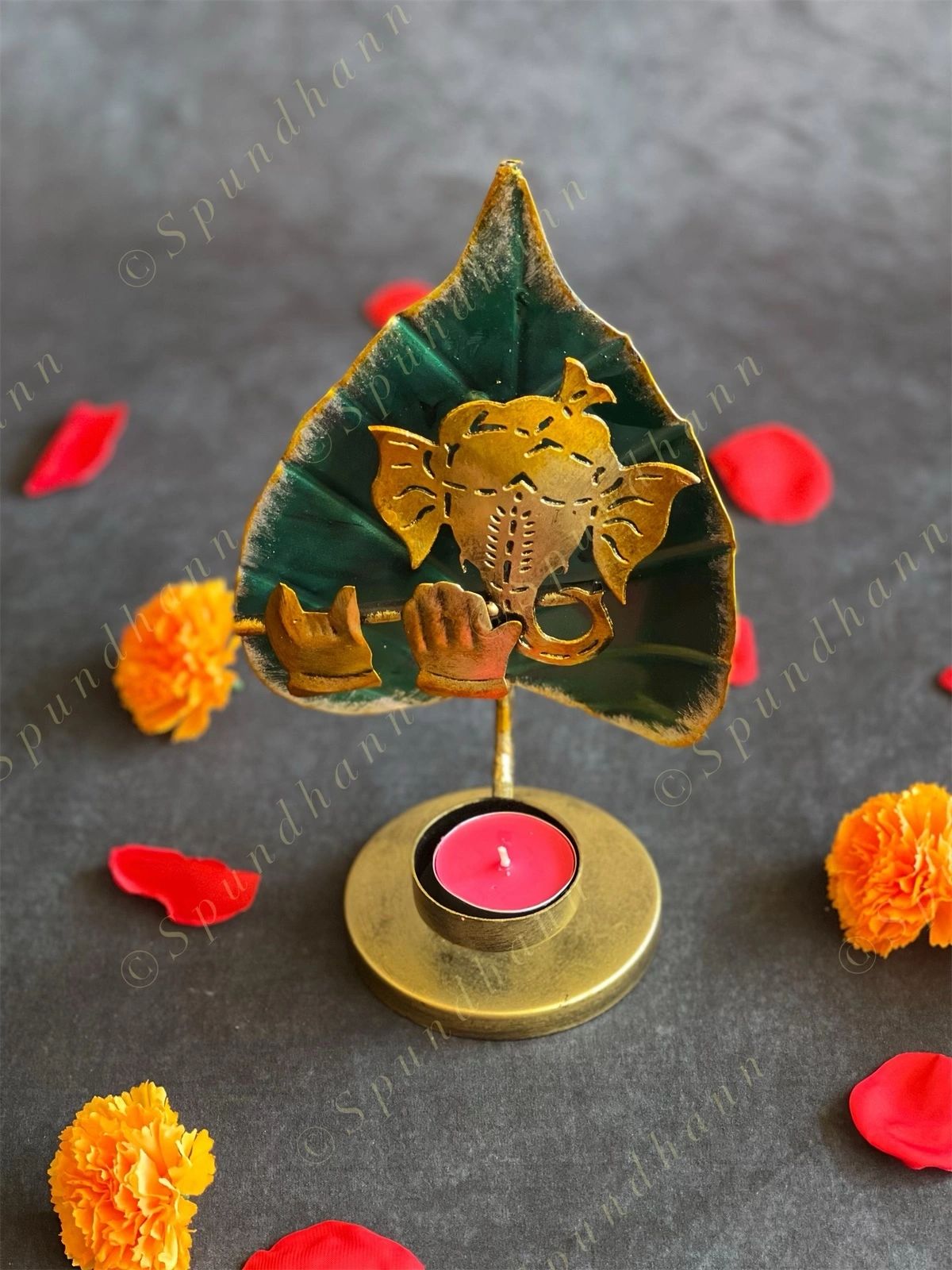 Flute Ganesh with Green Leaf Tea Light Holder