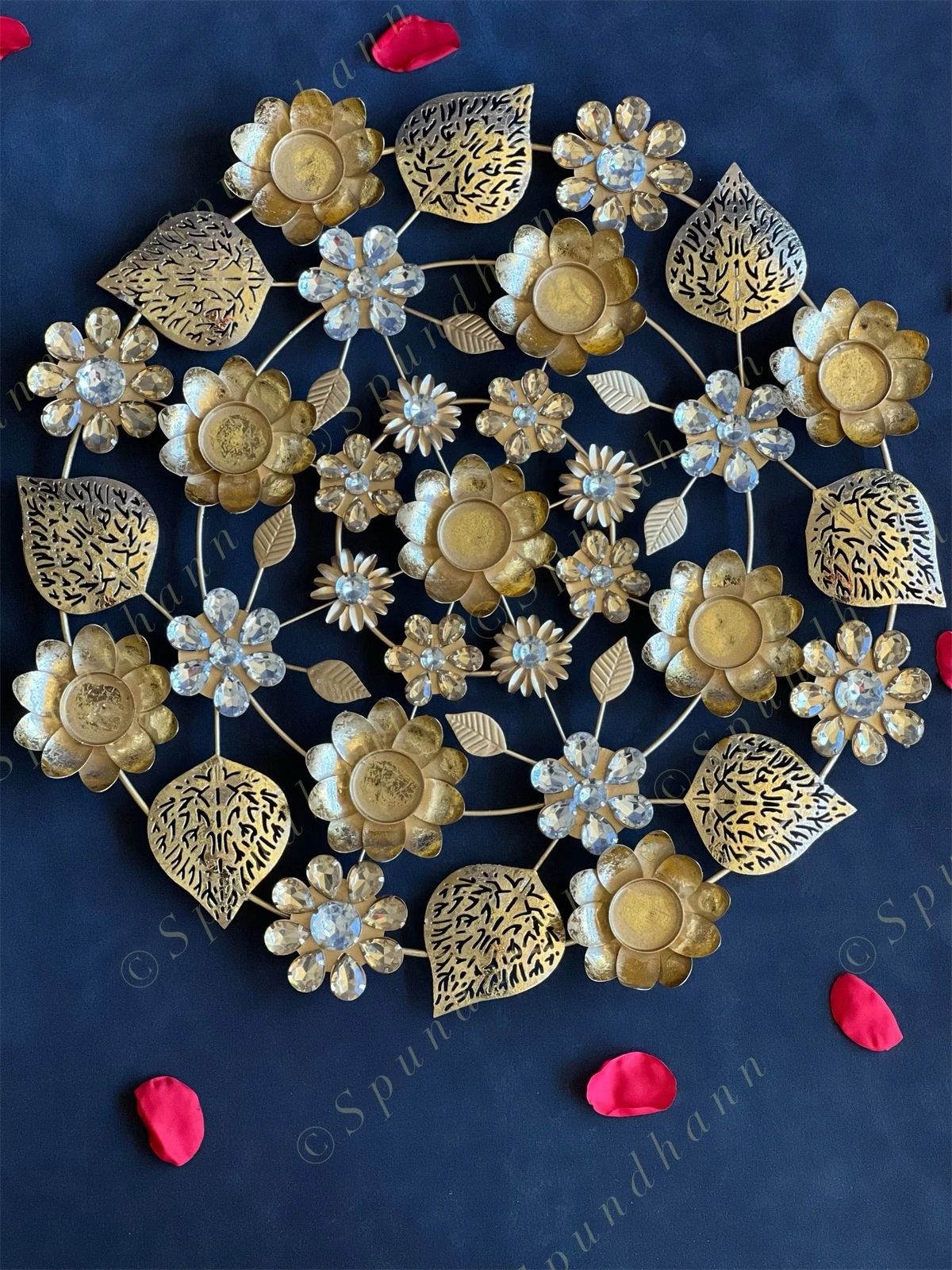 Decorative Studded Flower & Cutwork Leaves Rangoli Tea Light Holder