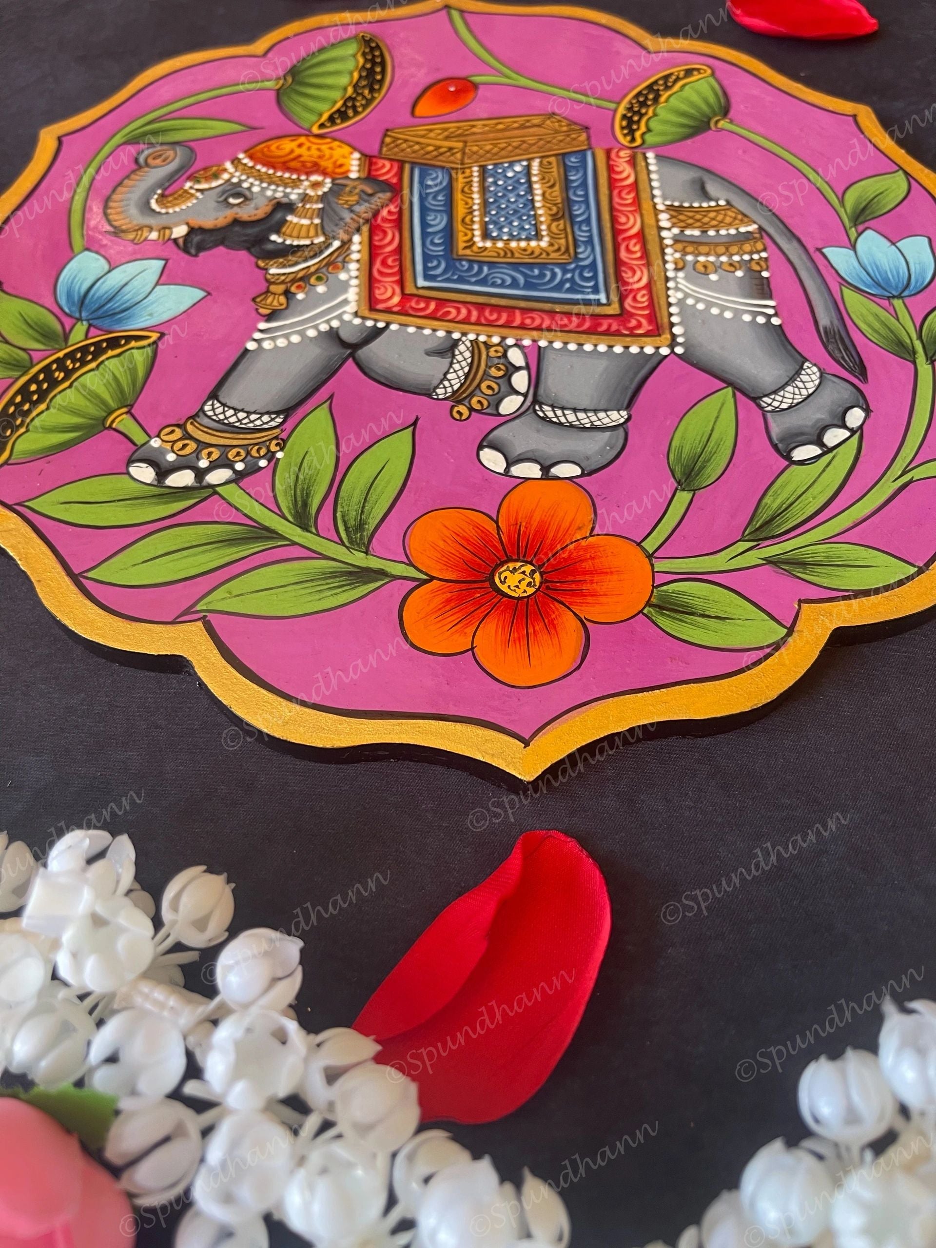 Elephant Carrier in Pink Floral Shape Pichwai Wall Hanging Plate