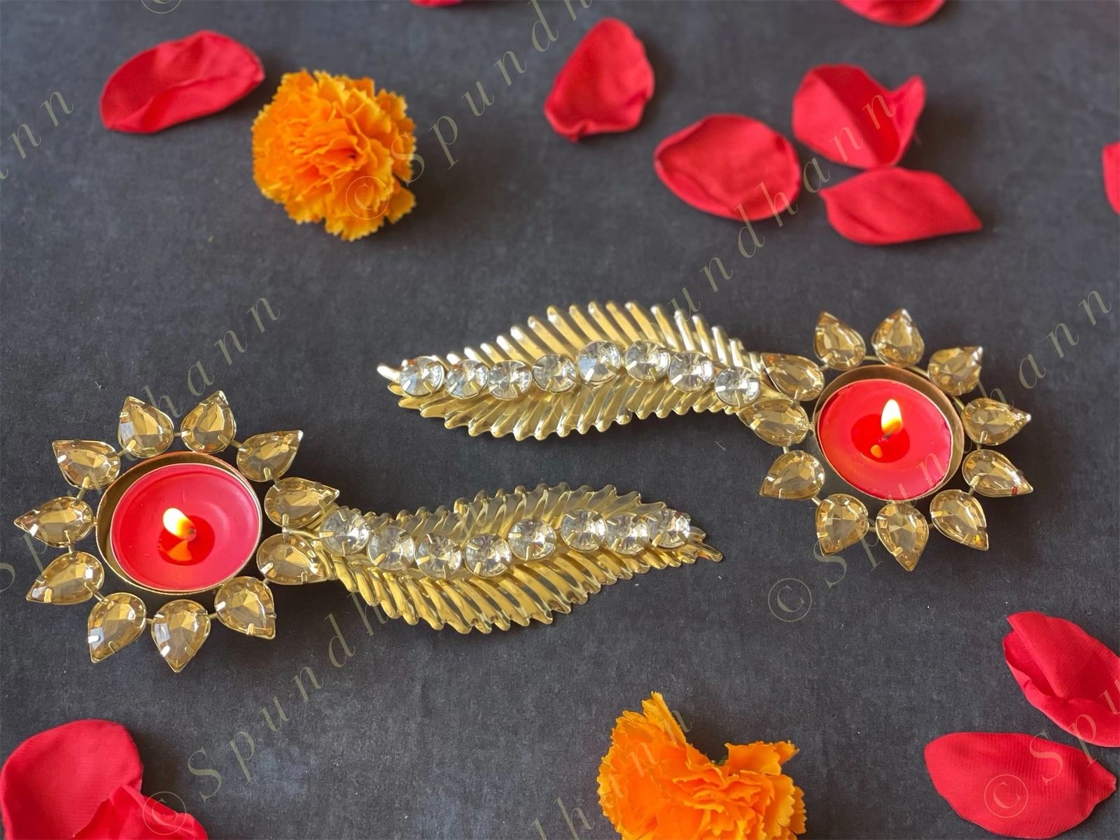 Gemstone Studded Flower & Feather Tea Light Holder