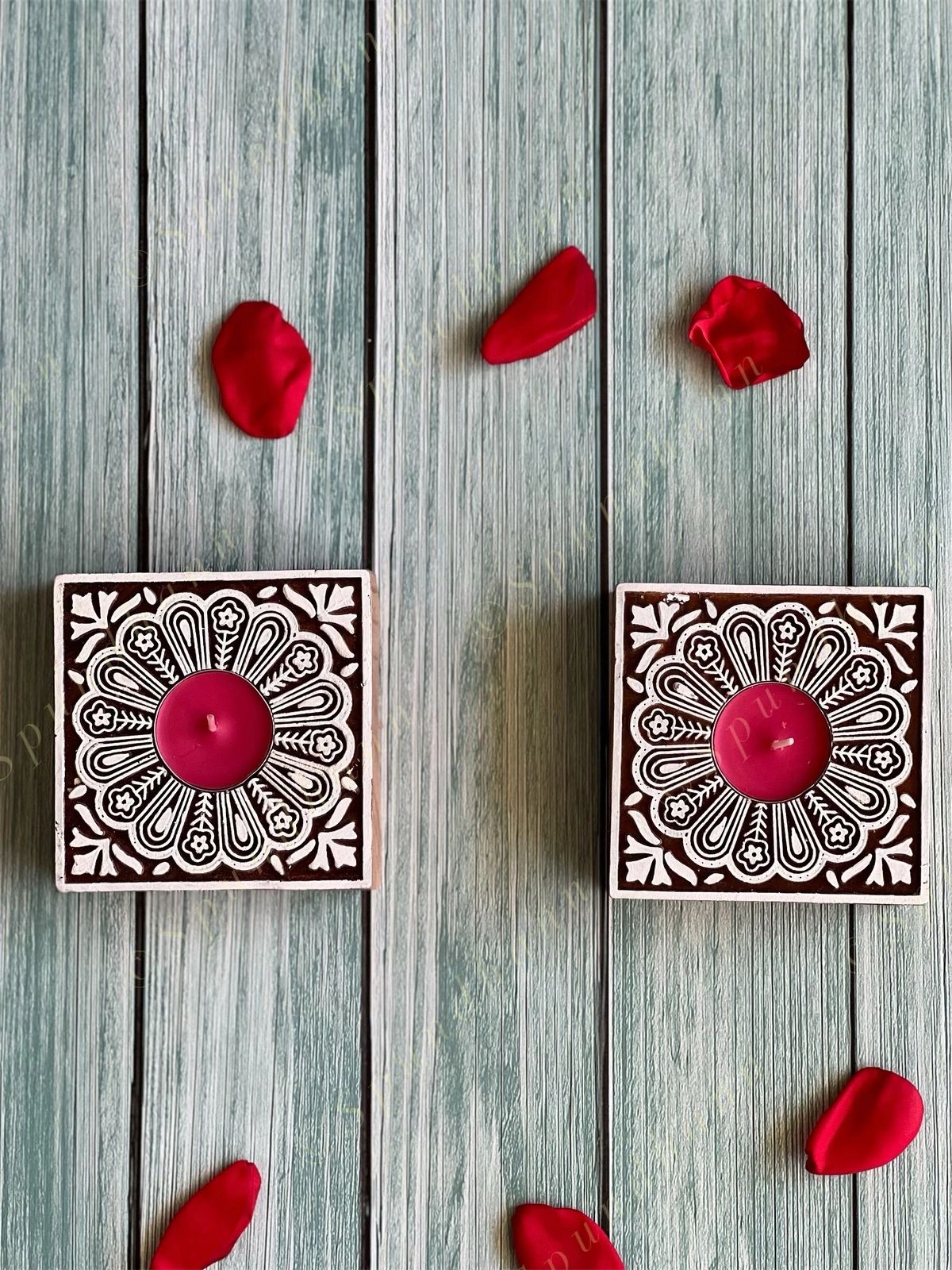 Square Floral Carved Wooden Block Tea Light Holder