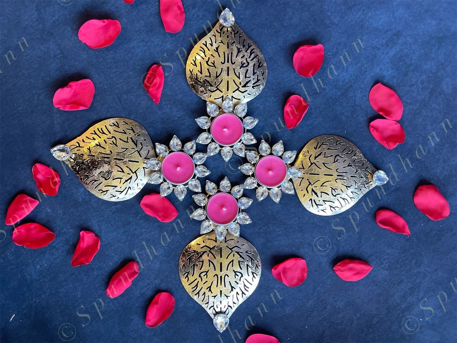 Studded Flower & Carved Leaf Tea Light Holder