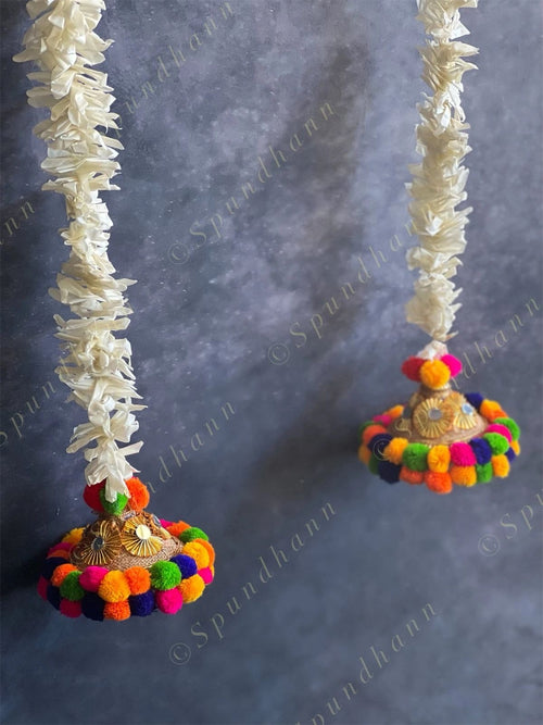 Chameli, Jute, Gota & Multicolor Pom Pom Dangler Set of 2