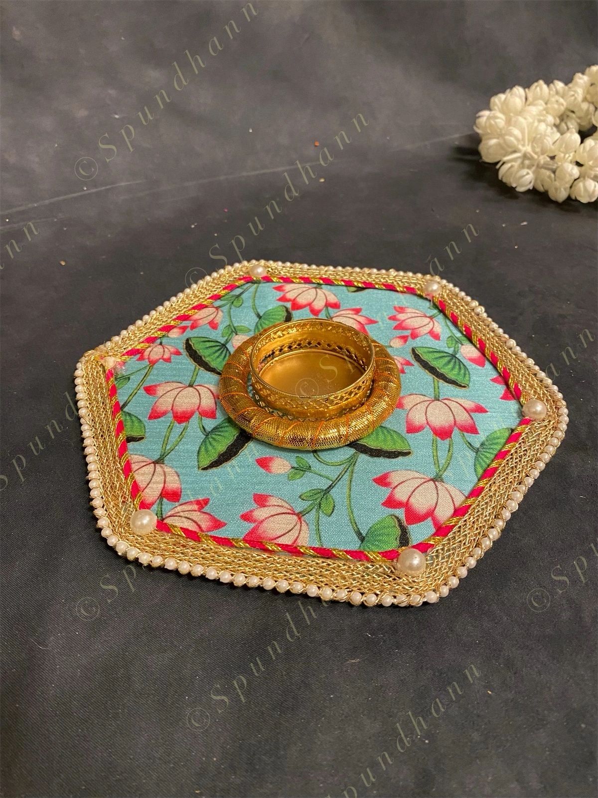 Hexagon Tea Light Holder with Lotus Pattern