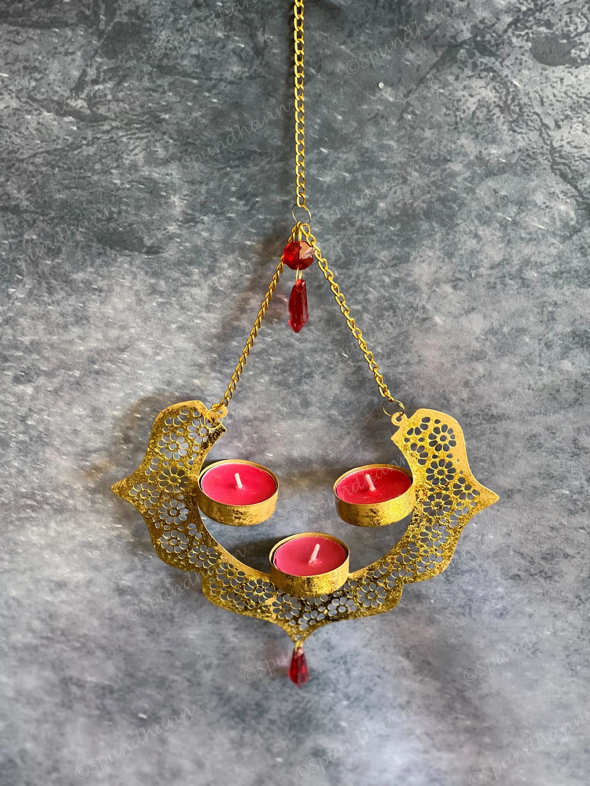 Dainty Metal Hanging Pendant Tea Light Holder with Red Drop