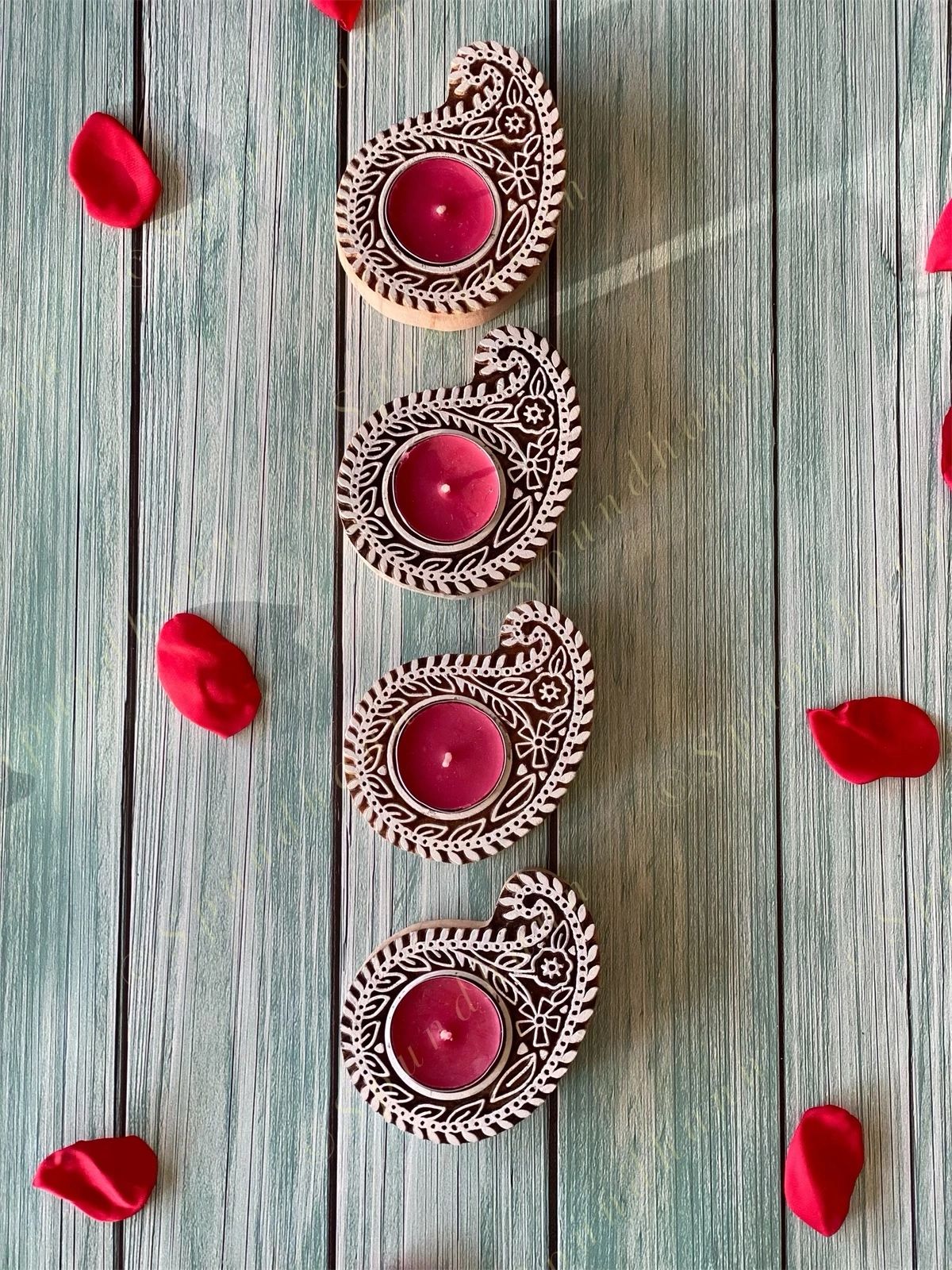 Paisley Shaped Wooden Block Tea Light Holder