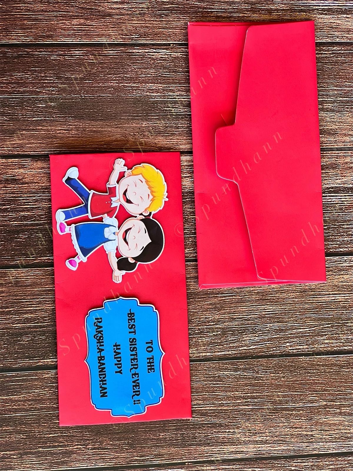 Rakhi Envelope in Red Color with Dancing Siblings