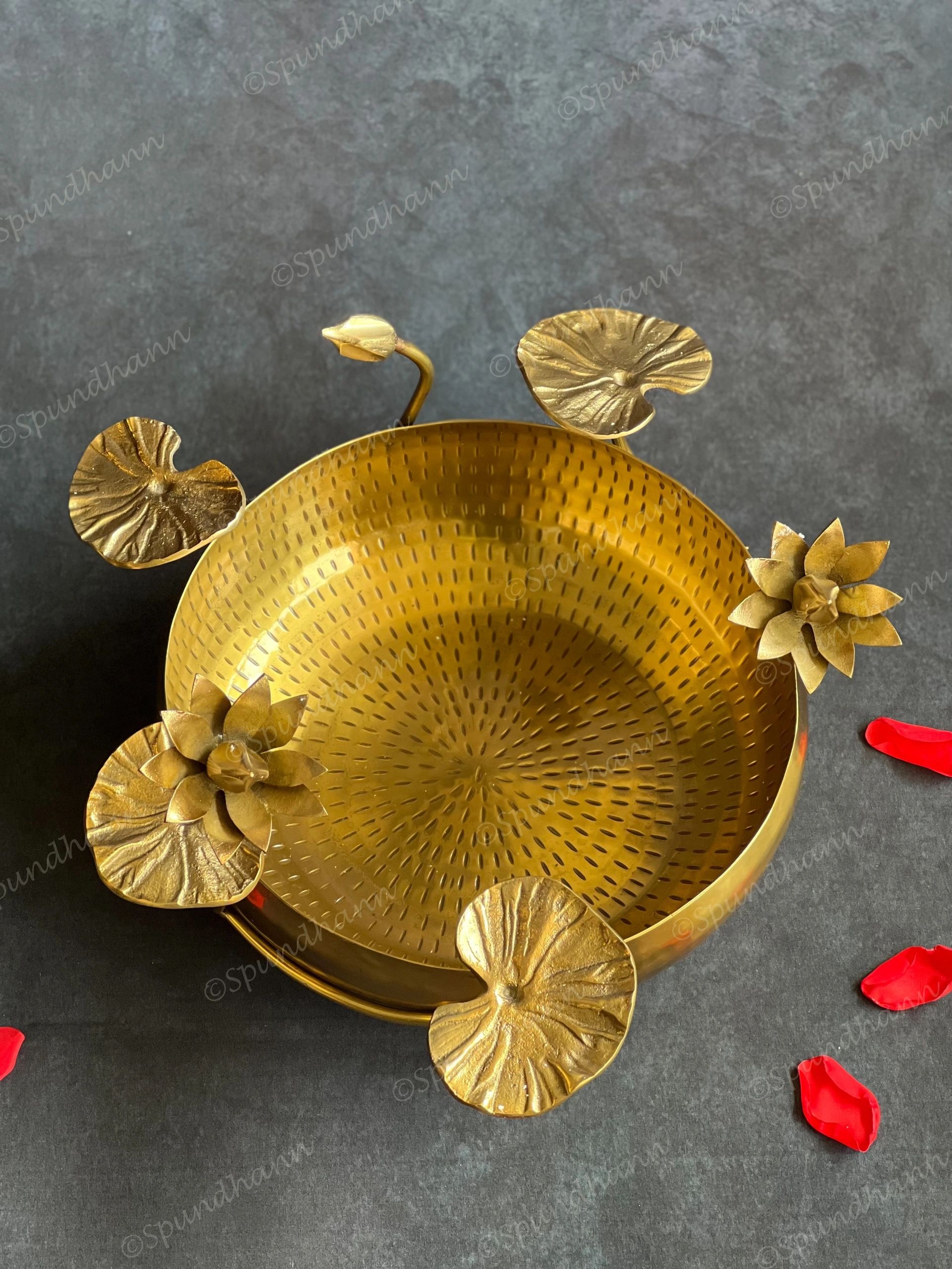 Stunning Heavy Brass Urli with Lotus Pond Scene