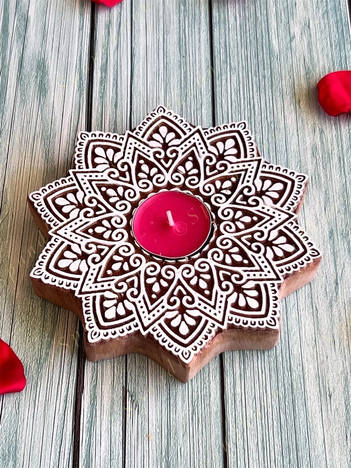 Flower Shaped Wooden Block Tea Light Holder
