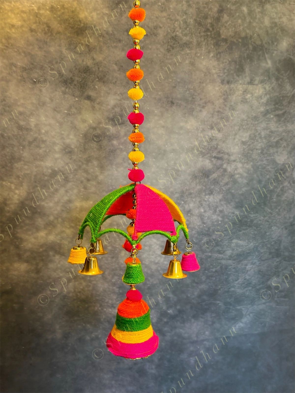 Multicolor Wool & Metal Umbrella With Bell Wall Hanging Decor