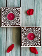 Square Floral Carved Wooden Block Tea Light Holder