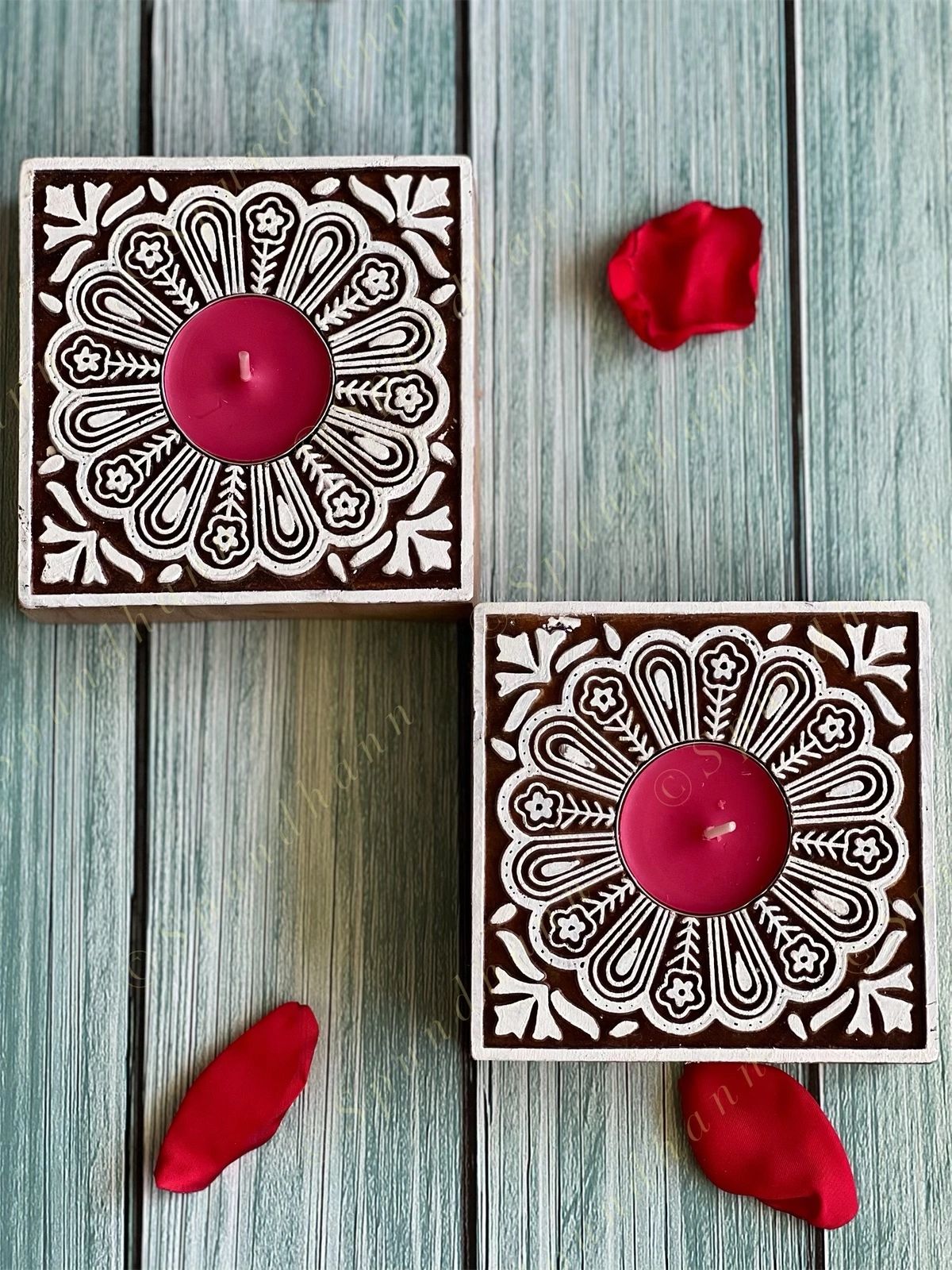 Square Floral Carved Wooden Block Tea Light Holder