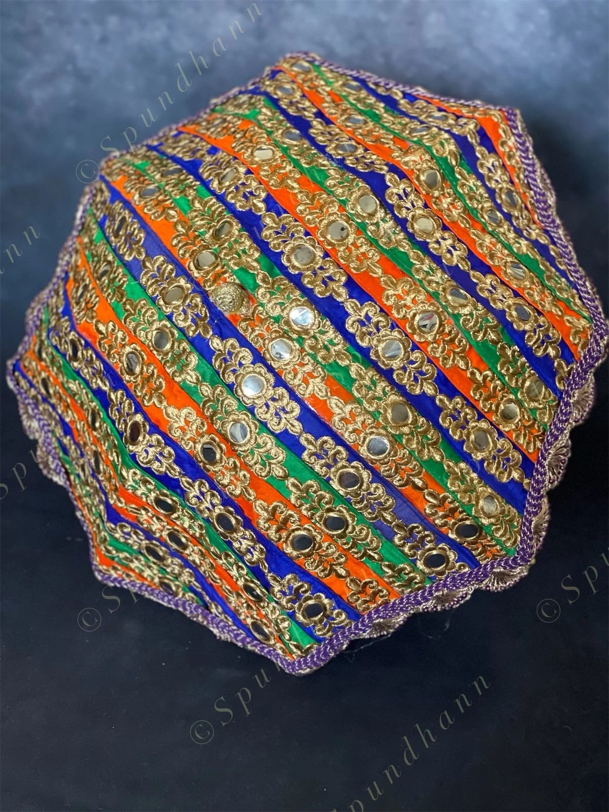 Multicolored Cotton Fabric Gold Embroidered & Striped Vintage Umbrellas