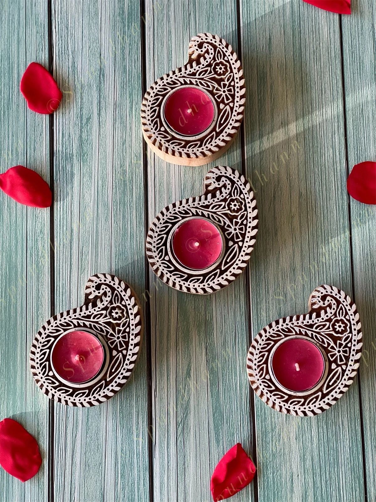 Paisley Shaped Wooden Block Tea Light Holder