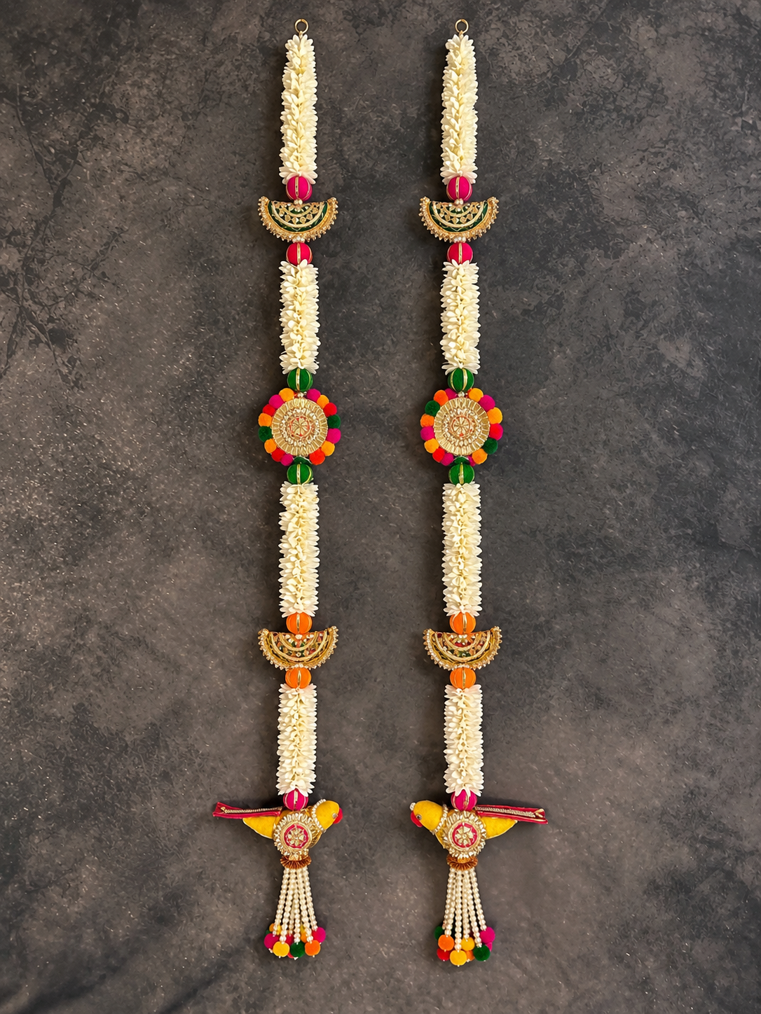 Mogra and Colorful Parrot Hanging Pair