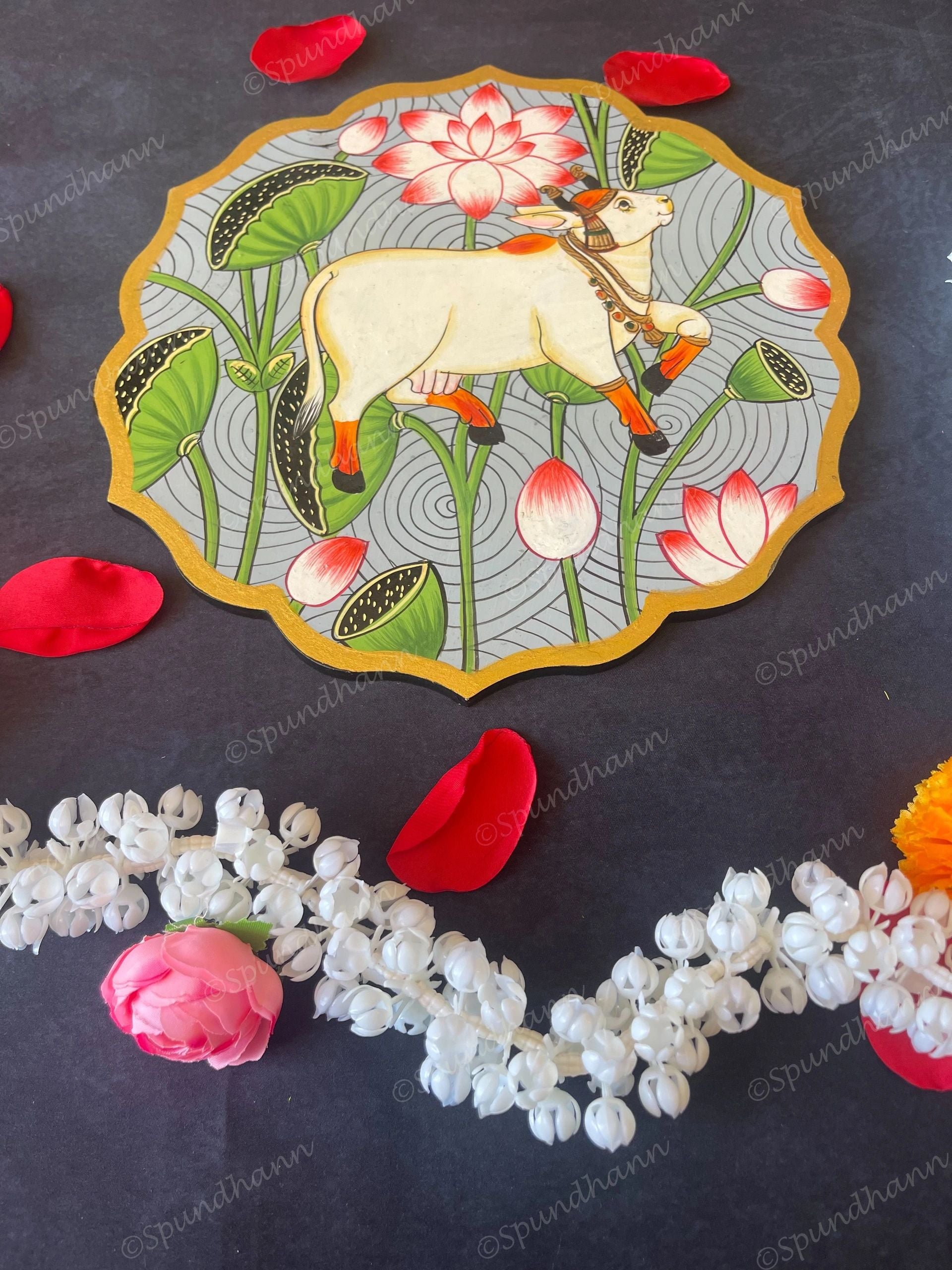 Cow with Lotus Floral Shape Pichwai Wall Hanging Plate