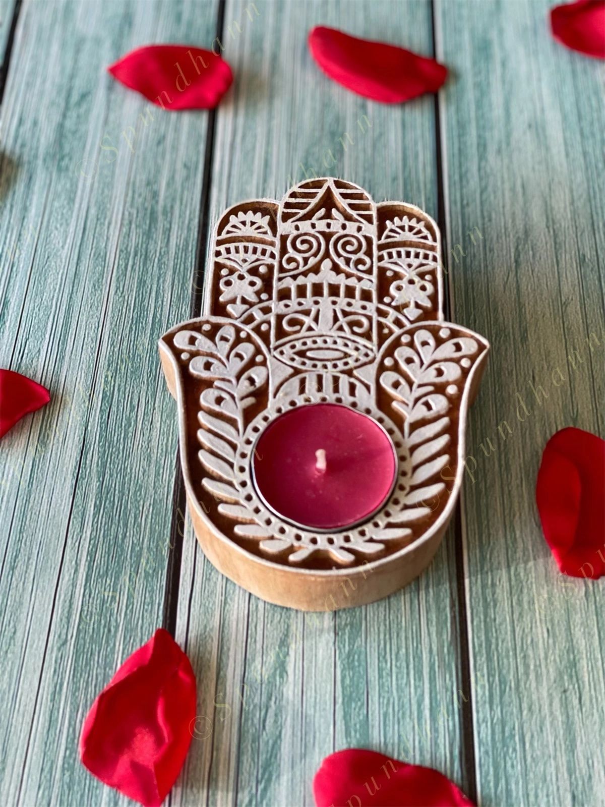 Hamsa Wooden Block Tea Light Holder