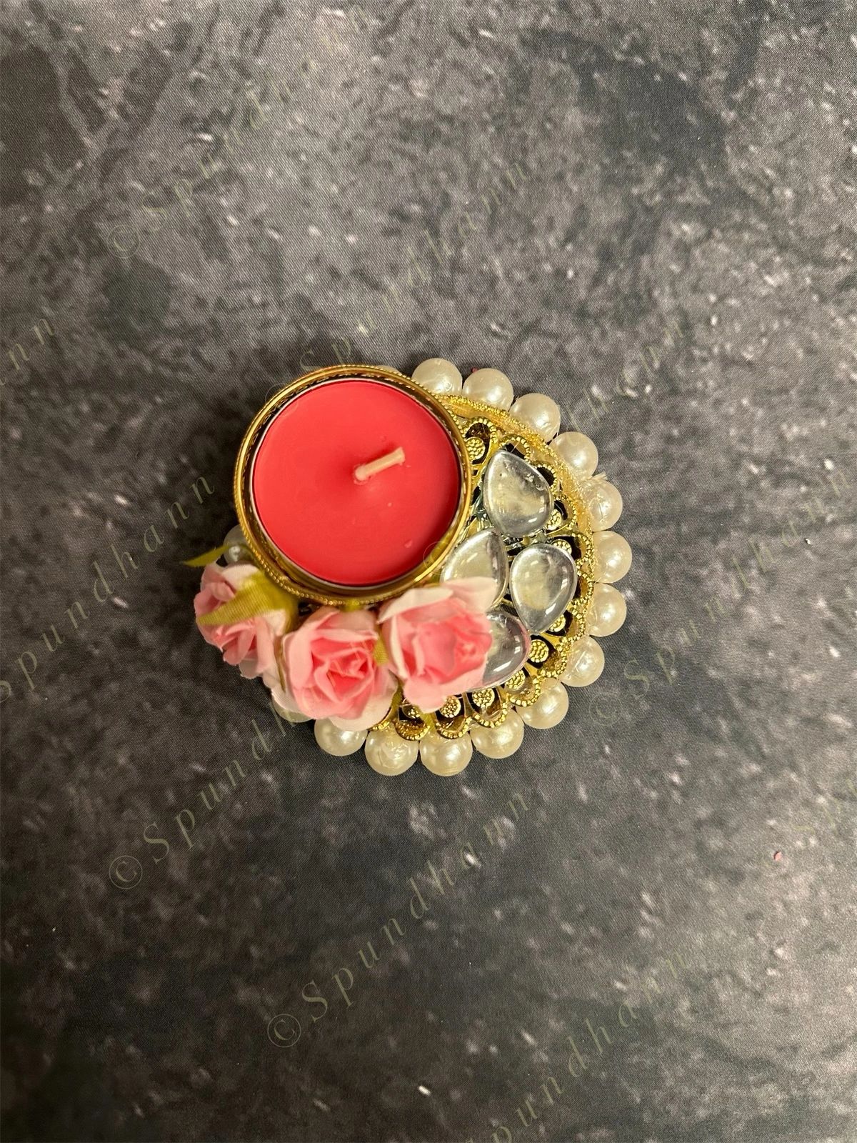 Pink Rose With Pearls Decored Tea Light Holder - One