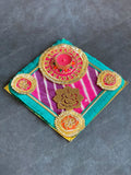 Square Leheriya & Gold Gota Tea Light Holder with Ganesha