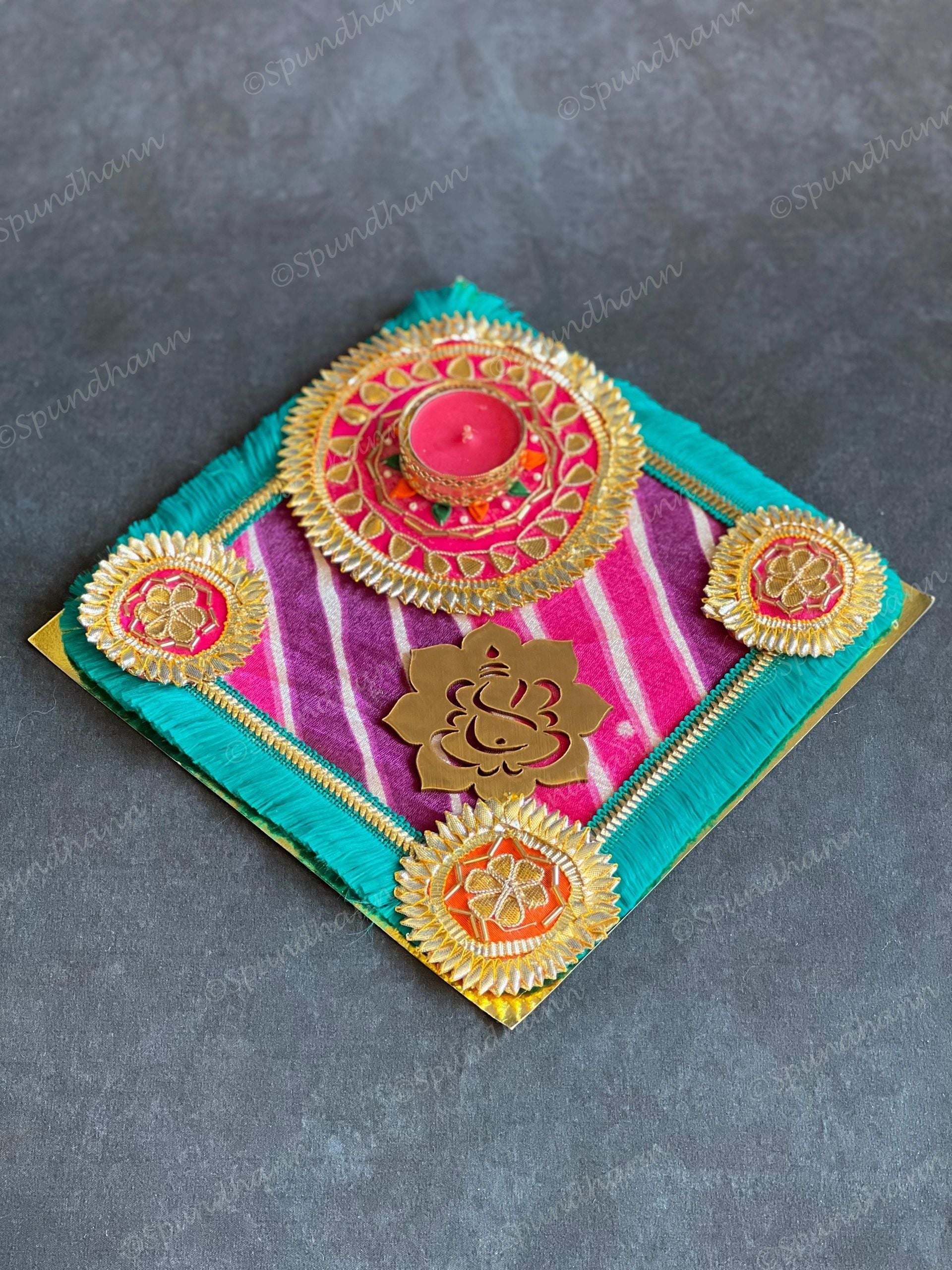 Square Leheriya & Gold Gota Tea Light Holder with Ganesha